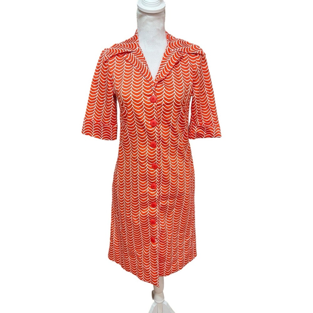 Lesley Evers Orange/ White Print Sz S Dress Button Down Cotton 3/4 Sleeve